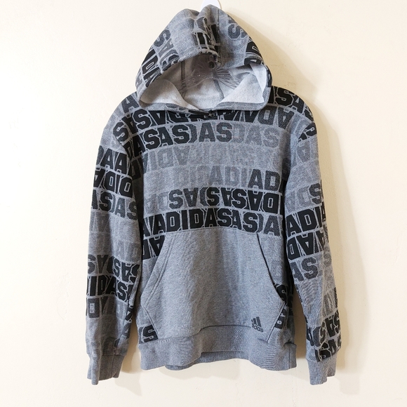 Adidas Kids Boys Grey & Black Logo Text Pull Over Outdoor Hoodie with Pocket - Picture 9 of 9